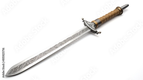 Detailed 3D render of a medieval broadsword with a intricately designed hilt and a gleaming steel blade, perfectly isolated on a white background for historical or fantasy illustra