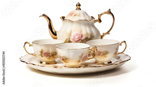 Detailed and artistic photo of an antique teapot set, including cups and saucers, arranged tidily on a pure white background, ideal for vintage retail marketing. photo