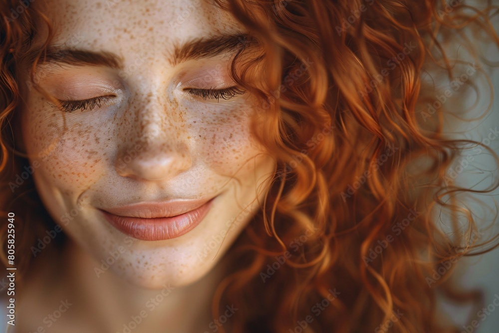 Ecstatic young lady with innate charm and stunning wavy locks blissfully shut her eyes. Ecstatic young lady with innate charm and stunning wavy locks blissfully shut her eyes.