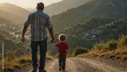 Father walking with his son r along a quiet mountain road as the sun rises