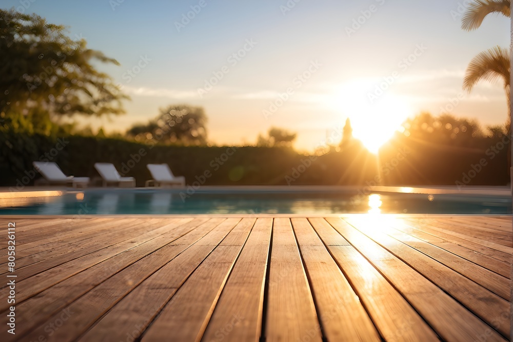 tranquil ambiance of empty wooden deck with swimming pool