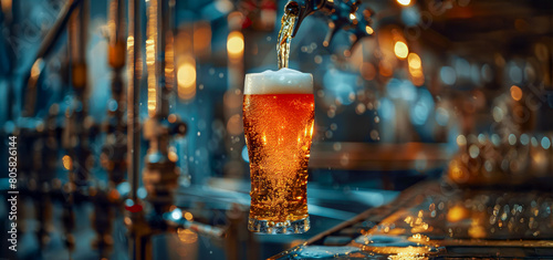 A glass of beer is poured into a glass on a bar