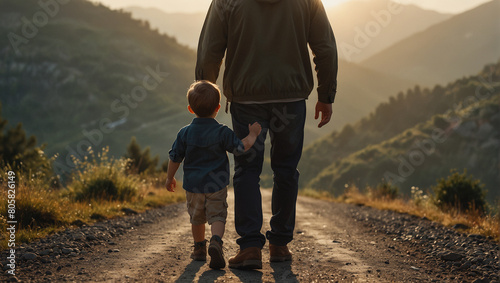 Father walking with his son r along a quiet mountain road as the sun rises
