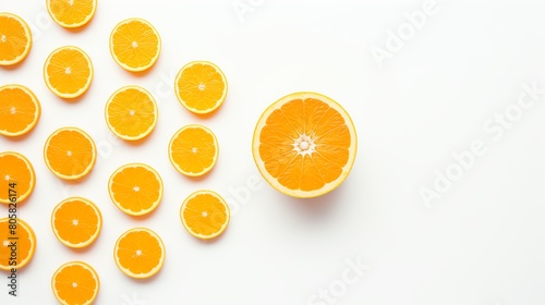 Minimalist shot of a whole orange next to segments artistically arranged, creating a contrast of whole and part, all isolated against a stark white background.