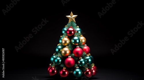 Vibrant close-up of a small artificial Christmas tree, decorated with miniature ornaments, perfectly illuminated and isolated on a white background for holiday promotions.