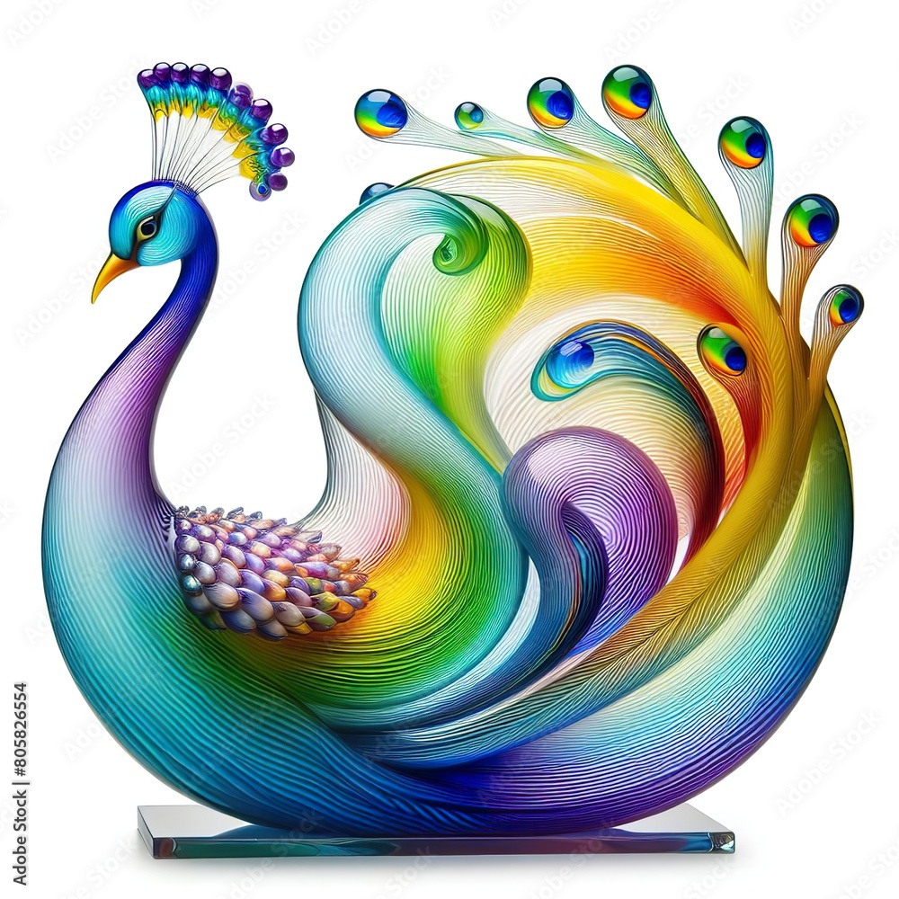 Fototapeta premium A stunning blown glass sculpture of a playful, a Peacock with seamlessly blended rainbow colors, white background