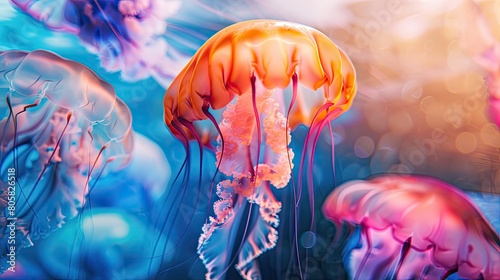 Calm underwater scene with floating liquids in pink, orange, blue, and violet mimicking jellyfish. photo
