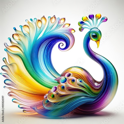 A stunning blown glass sculpture of a playful, a Peacock with seamlessly blended rainbow colors, white background