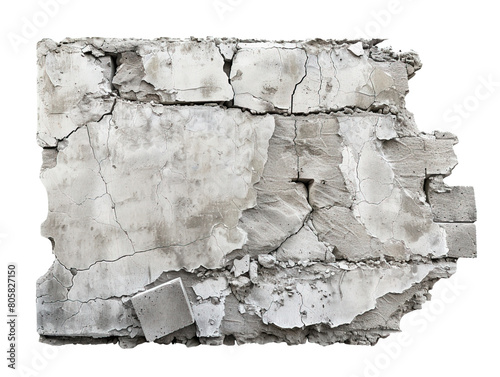 Ruined collapsed cracked or broken concrete isolated on white or transparent background
