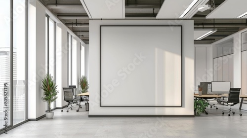 Modern office interior with empty poster on wall, contemporary furniture and clean design, concept of a professional workspace. 3D Rendering hyper realistic  © Business Pics