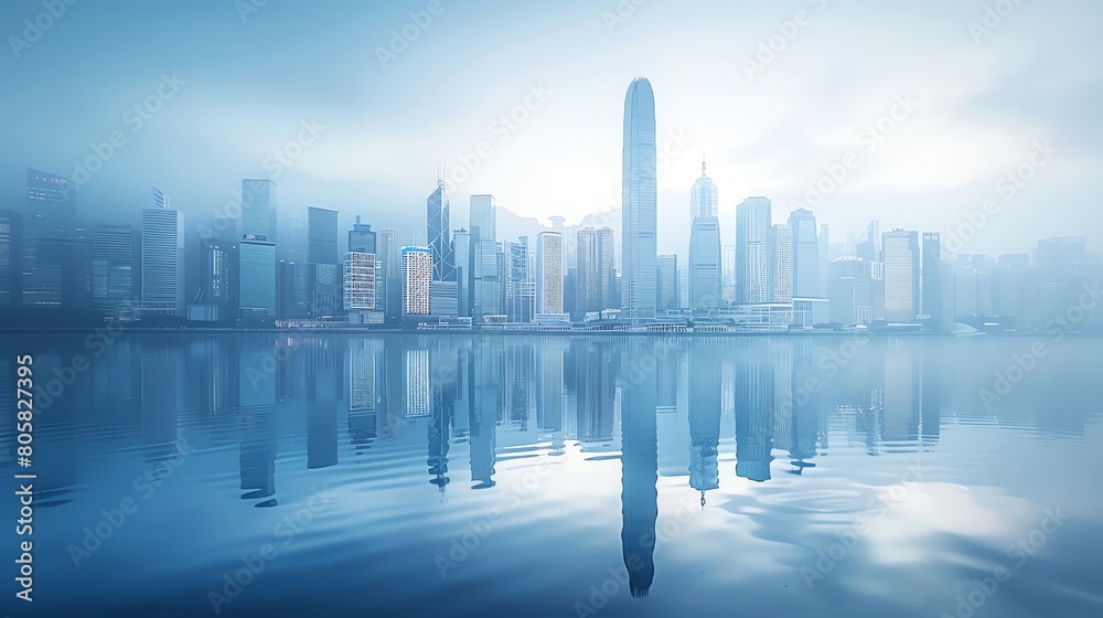 A futuristic cityscape with gleaming glass skyscrapers reflecting a calm body of water