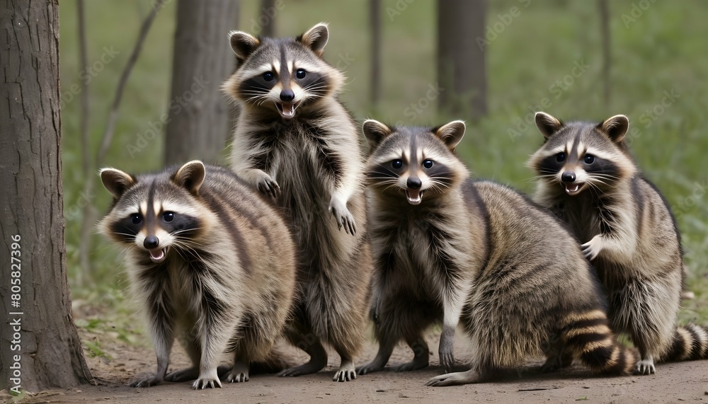 A Raccoon With A Group Of Other Raccoons Engaging