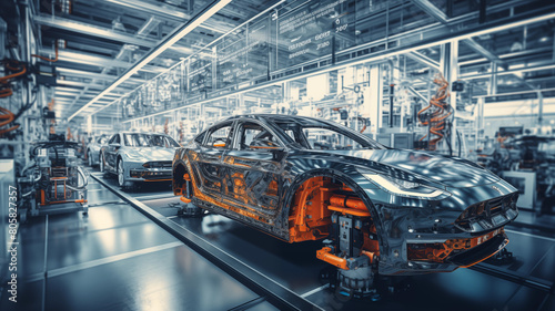 A detailed image of an advanced automotive production line, showcasing the sophisticated assembly of modern electric cars under precise robotic automation © nunkung07