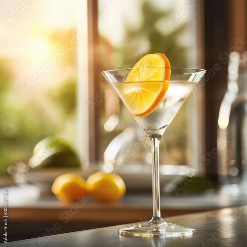 Delicious citrus Martini in a stemless martini glass, natural summer lighting, light gray, soft focus
