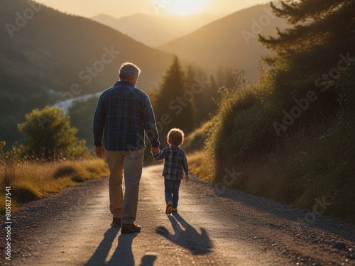 Father walking with his son r along a quiet mountain road as the sun rises