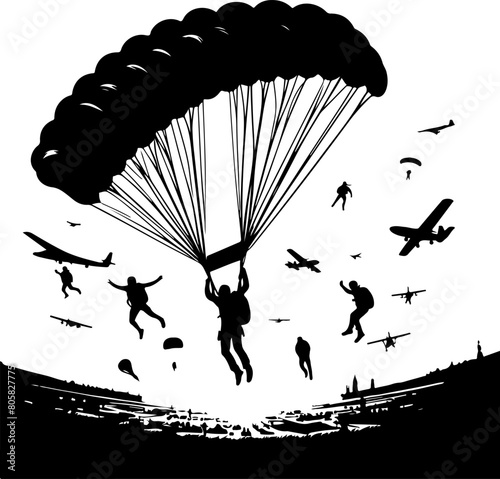 Skydiver silhouette vector. Black Silhouettes Hang Glider or Parachute skydiving illustration