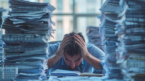 A frantic businessman struggles with document deadlines and office crises, causing stress and headaches.