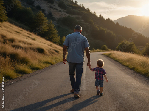 Father walking with his son r along a quiet mountain road as the sun rises