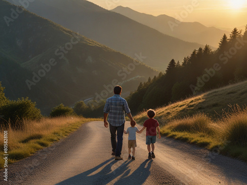 Father walking with his son r along a quiet mountain road as the sun rises