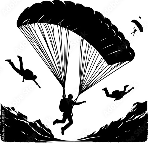 Skydiver silhouette vector. Black Silhouettes Hang Glider or Parachute skydiving illustration