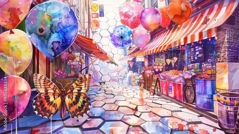 Market atmosphere with vibrant stalls, hexagonal stones, and themed watercolor art.