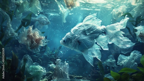 Plastic pollution concept with underwater fish made from plastic bag swimming in the ocean hyper realistic 
