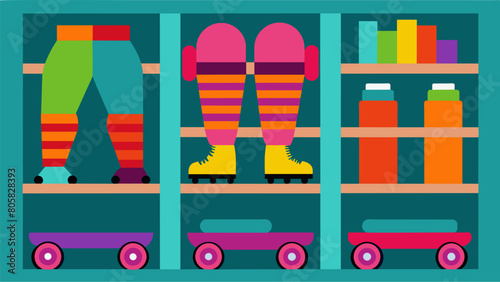 The shelves are lined with brightlycolored leg warmers fishnet tights and flashy sweatbands ready for a throwback workout on wheels.. Vector illustration