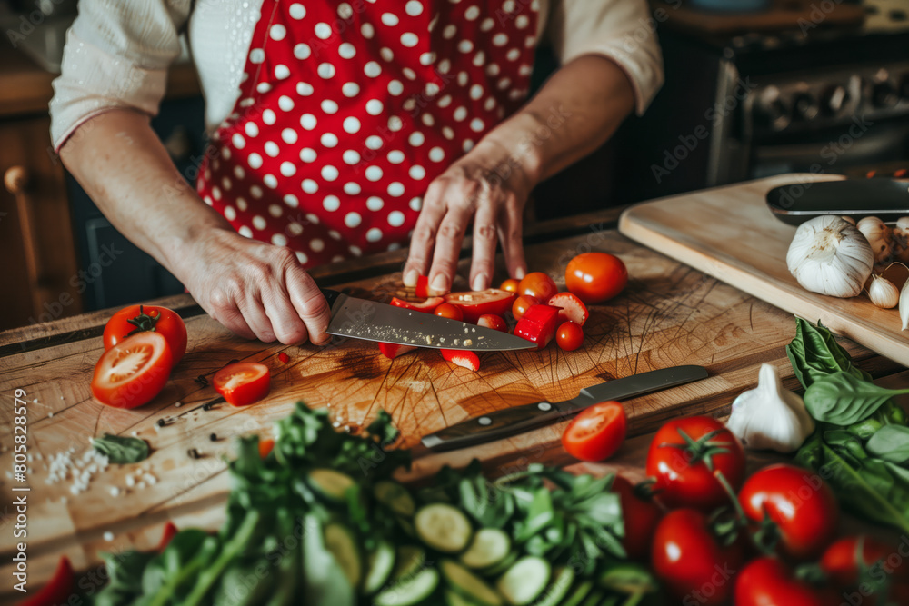 A closeup shot of hands using an ergonomic knife to cut vegetables on the wooden countertop, surrounded by fresh ingredients and kitchen utensils. The focus is on sharpness in motion.