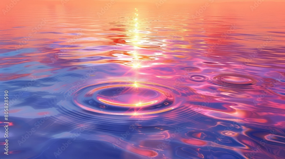 Lake at sunset reflecting floating liquids in pink, orange, blue, and violet. Lake at sunset reflecting floating liquids in pink, orange, blue, and violet.