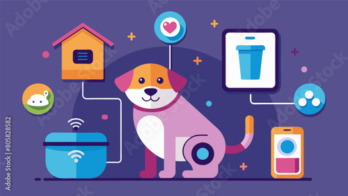 A hitech petsitting gadget that can track your pets daily activities including eating drinking and bathroom breaks and send you a report while youre. Vector illustration