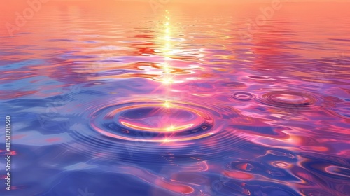 Lake at sunset reflecting floating liquids in pink, orange, blue, and violet.