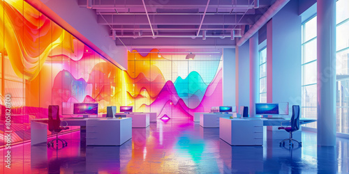 A colorful office space with a large wall mural and many computer monitors