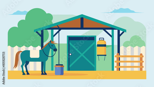 A horse stall equipped with a highpressure sprayer and drainage system for quick and efficient cleaning.. Vector illustration