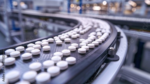 Production of pills capsule medicine in factory It may show equipment, machinery, or processes. related to the production of pharmaceutical products with details such as conveyor belts