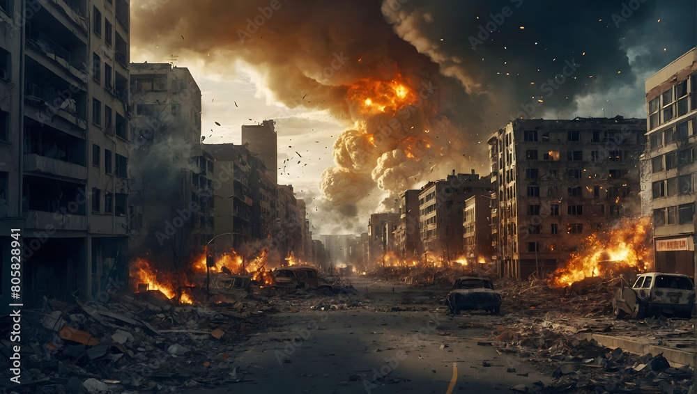 Apocalyptic Vision, Illustrating the Devastating Impact of a Nuclear Bomb Explosion in a City, Conveying the Grim Reality of the End of the World