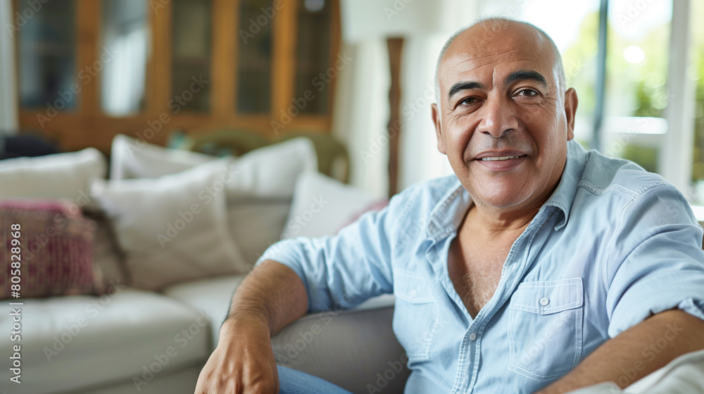 Fototapeta premium copy space, stockphoto,confident senior hispanic man posing sitting in the living room. single mature senior in living room. Happy man sitting. Carefree lifestyle. Aged man in good health.