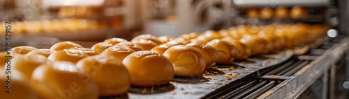 A detailed view of a production line at a bakery, featuring perfectly baked loaves and rolls displayed in a tidy manner on a moving belt