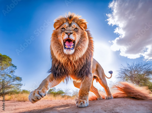 Lion portrait on savanna. portrait of a lion