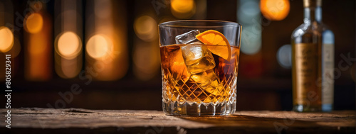 Artfully presented old-fashioned cocktail on a rustic wooden bar, accented with orange peel, and softly lit bottles in the backdrop, capturing cinematic allure. photo