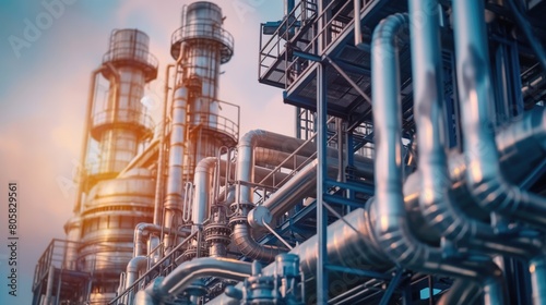 Modern industrial plant or oil refinery petrochemial chemical processing factory with lights background