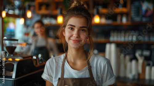 Smiling female barista at a coffee shop, a young woman works at the coffee counter in a positive manner. photo