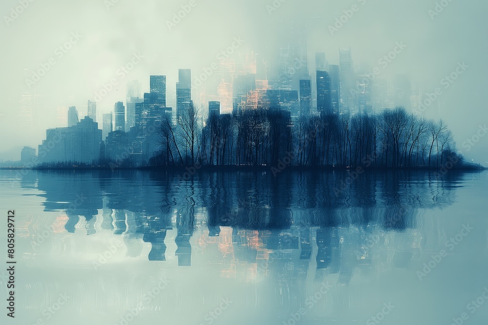 AI generated illustration of a sprawling metropolis with waterways cutting through