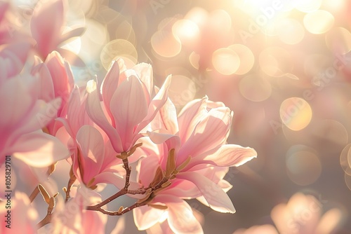 Bright pink magnolia flowers in sunlight blooming on branches in the sun s rays