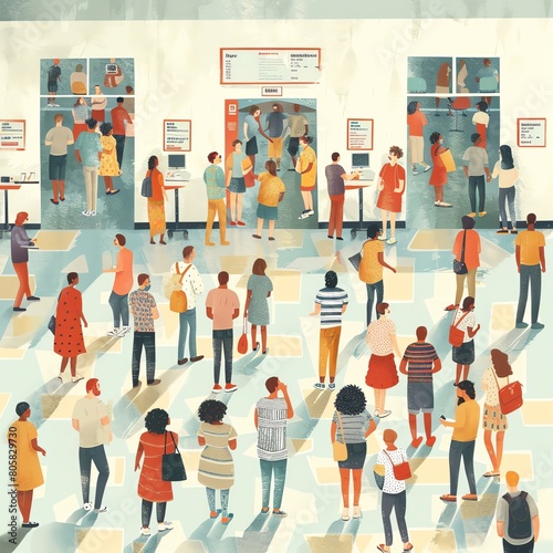 high-angle view illustration of a bustling health screening event with diverse people waiting in line, showcasing efficiency and care in digital vector art style