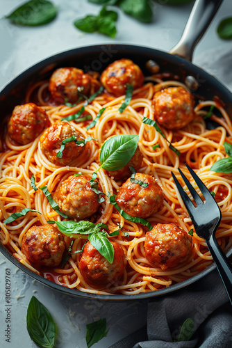 A large pan of spaghetti and meatballs