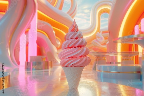Design a series of 3D animated ice cream sculptures that dance and twirl against a futuristic backdrop background