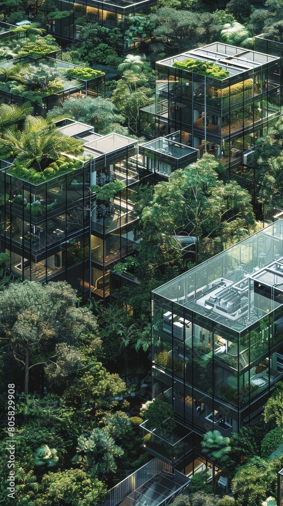 detailed digital rendering of an aerial view medical research facility nestled among lush greenery, with intricate glass buildings showcasing advanced technology