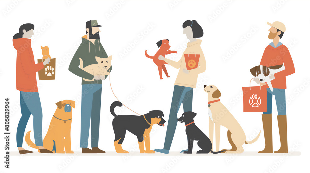 An illustration of diverse people interacting with various dogs, showcasing different breeds and activities related to pet care.