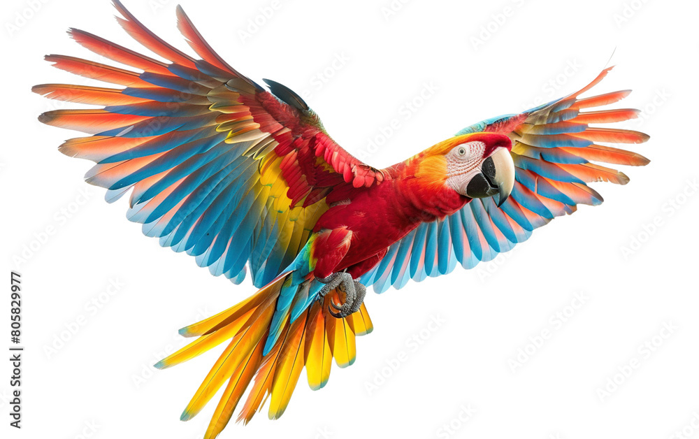 Obraz premium Colourful macaw flying isolated on white or transparent background