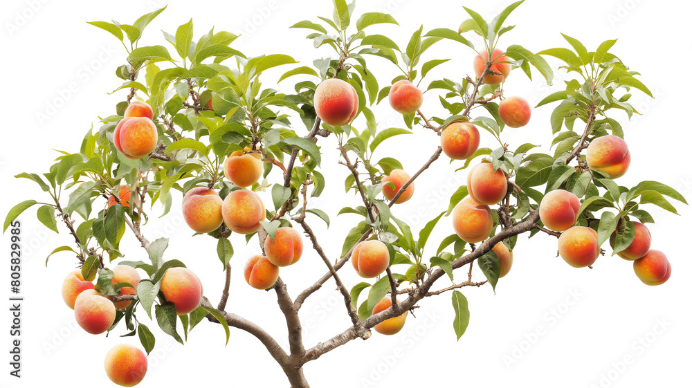 A lush peach tree laden with ripe, colorful peaches against a clear background, highlighting the vibrant hues and freshness of the fruit.